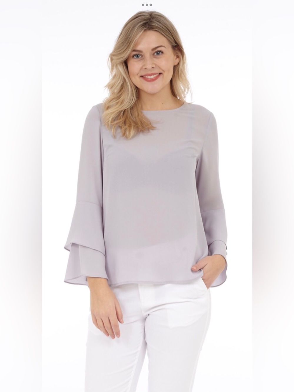 DKR Apparel Chiffon Blouse with Double Ruffle Sleeve-Dove